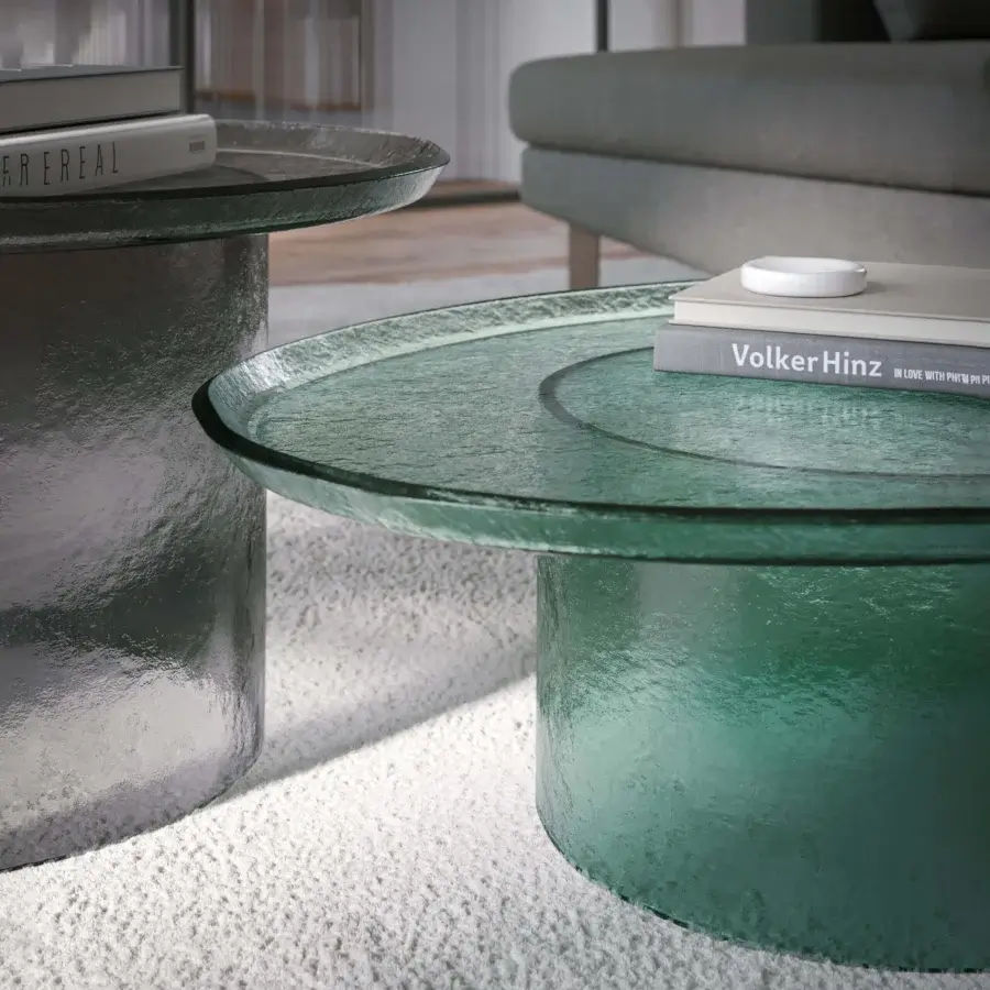 Exceptional Tonin Casa Atollo coffee table crafted in teal lacquered glass with hammered texture and gradient coloration