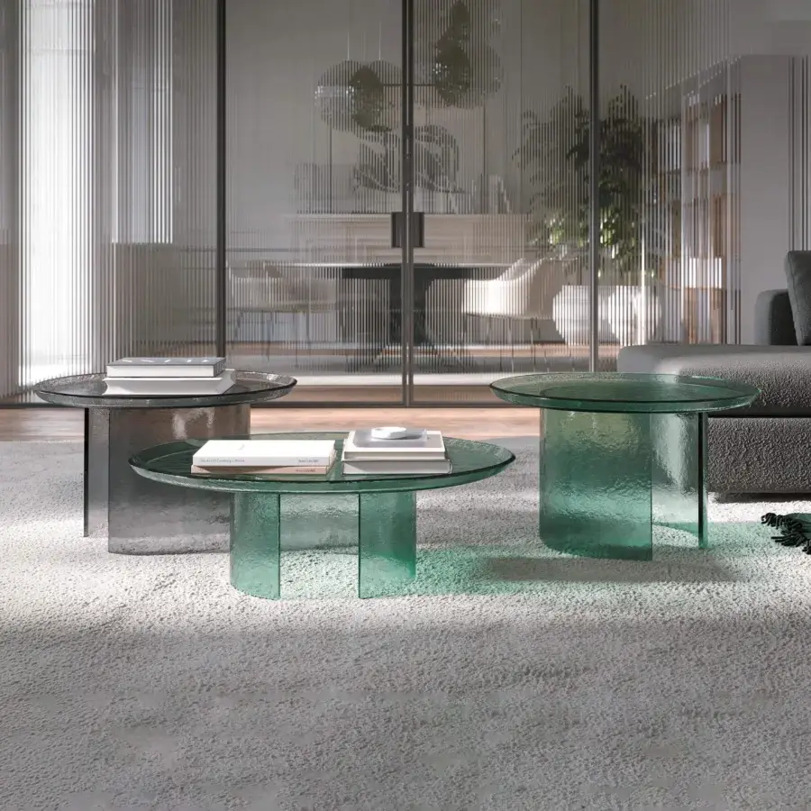 Exceptional Tonin Casa Atollo coffee table crafted in translucent green lacquered glass with hammered finish