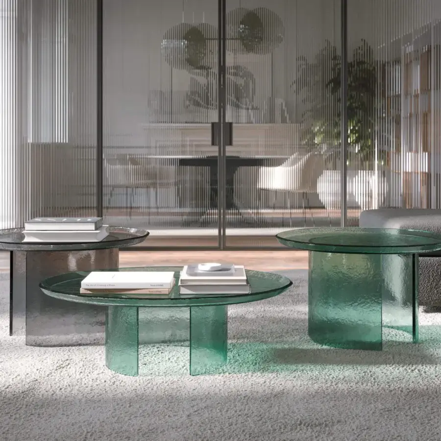 Luxury Tonin Casa Atollo coffee table crafted in muted green lacquered glass with a distinctive hammered finish