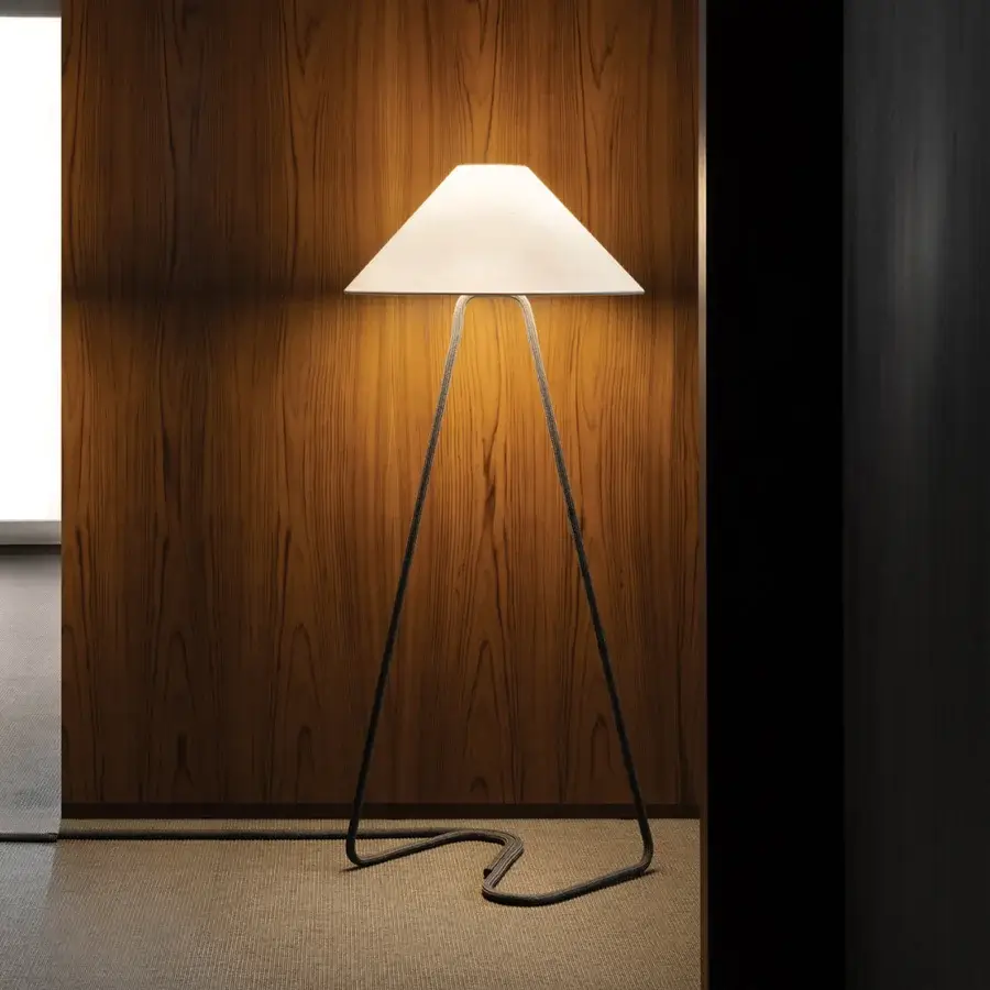 Distinguished Contardi Hat Floor Lamp crafted in Italy with sculptural form and matte dark metal frame