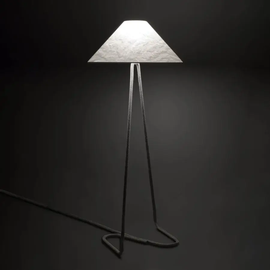 Elegant Contardi Hat Floor Lamp with dark matte metal frame and textured off-white lampshade crafted in Italy