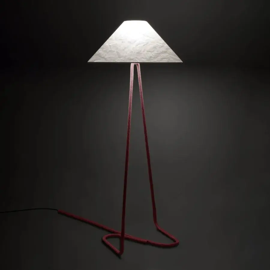 Distinctive Contardi Hat Floor Lamp with vibrant red rope-covered structure and crumpled white lampshade crafted in Italy