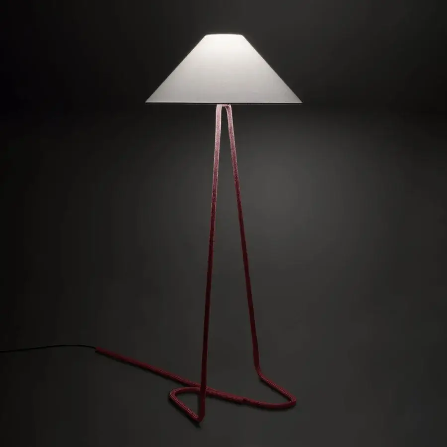 Superior Contardi Hat Floor Lamp with reddish rope-covered structure and smooth neutral-toned lampshade crafted in 1950s French design