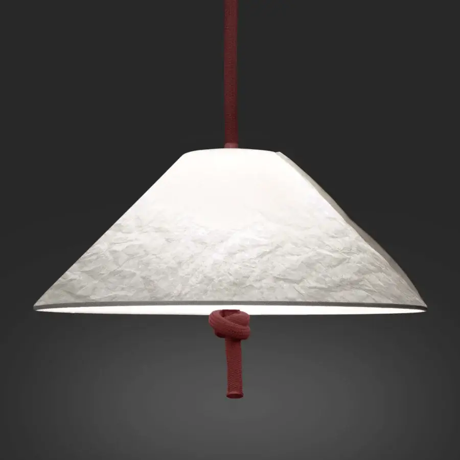 Elegant Contardi Hat suspension lamp crafted in translucent material with a red textile cord and off-white shade