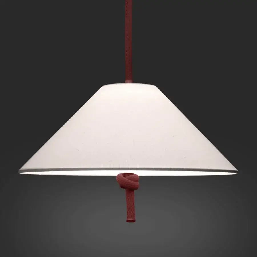 Distinctive Contardi Hat suspension lamp with a subtly textured off-white textile shade and dark red woven cord