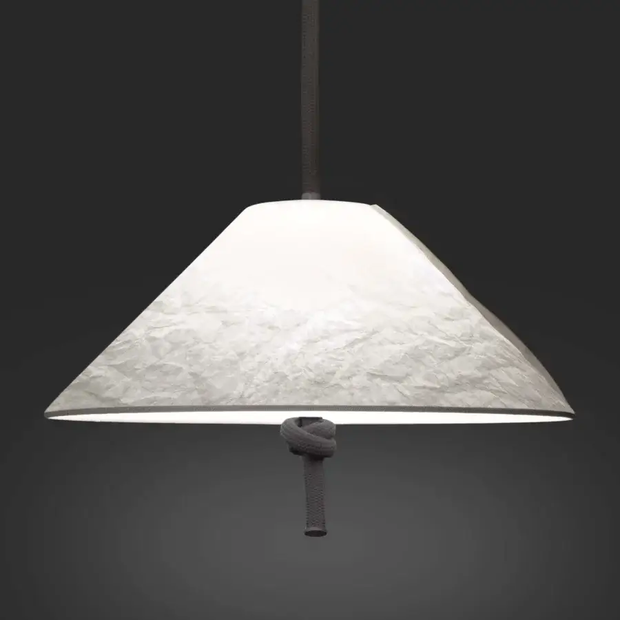 Distinctive Contardi Hat suspension lamp with a pale, off-white conical lampshade and dark woven suspension cord crafted in textured translucent material