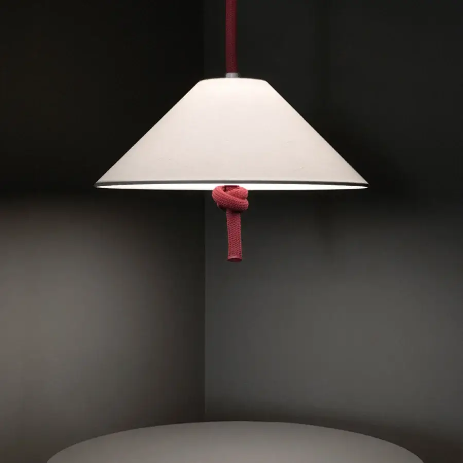 Elegant Contardi Hat suspension lamp with a conical lampshade crafted in matte textile and dark red knotted cord