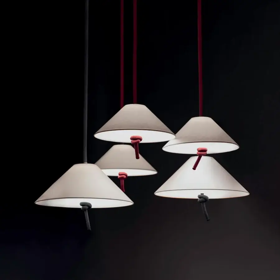 Distinguished Contardi Hat suspension lamp with a conical textile lampshade in muted gray-brown and a deep red rope cable