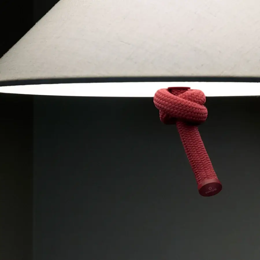 Superior Contardi Hat suspension lamp with pale off-white textile and striking red rope detail crafted in Italy