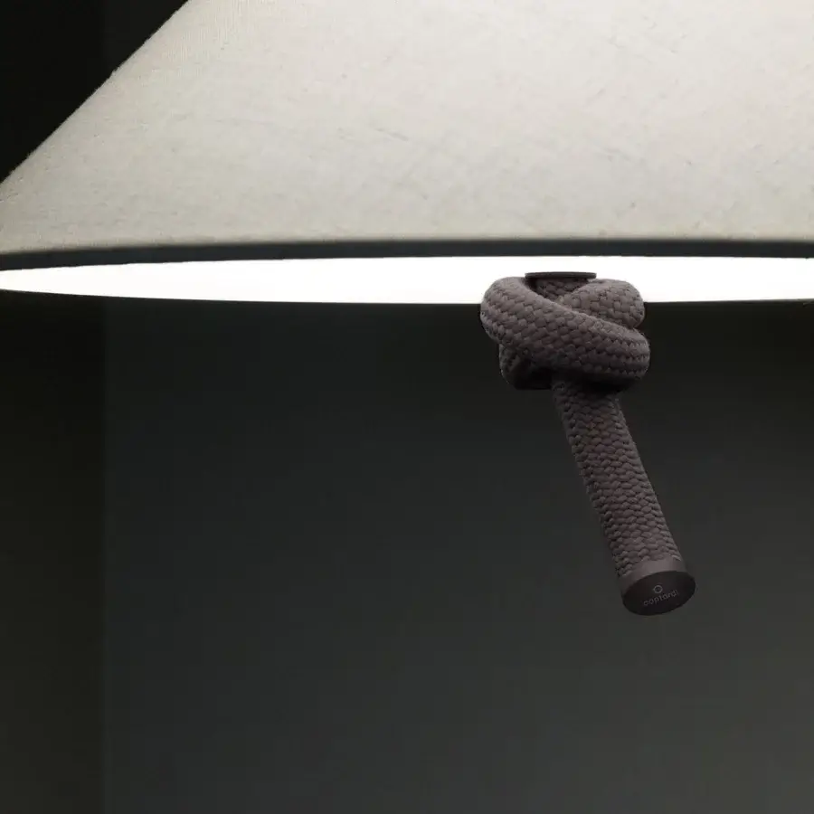 Distinguished Contardi Hat suspension lamp with light gray textile lampshade and dark gray knotted counterweight crafted in Italy