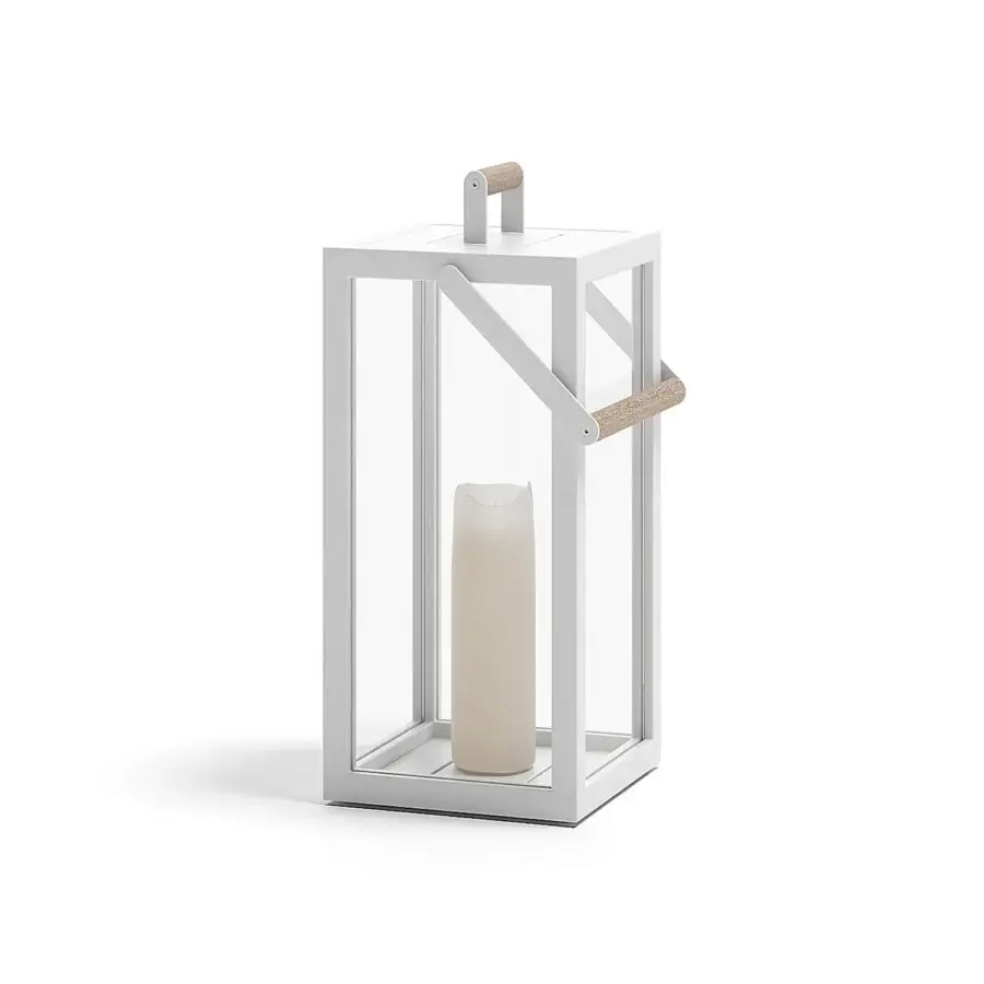Elegant Atmosphera Alba Candle lamp crafted in aluminum with matte white finish and light-colored wood handles