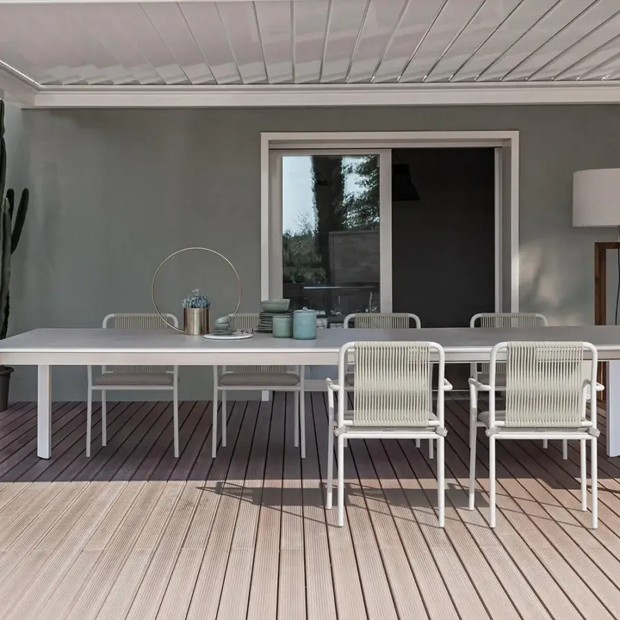 Distinguished Atmosphera Bridge extendable table with aluminum base and light gray stoneware presents a sophisticated industrial aesthetic