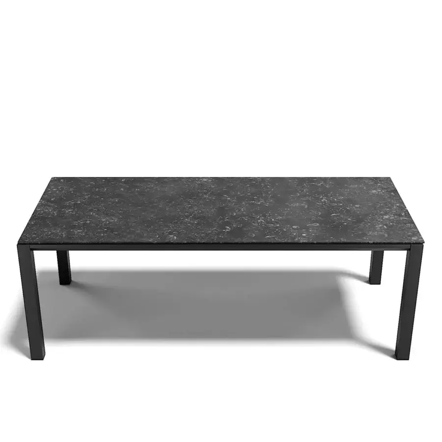 Exclusive Atmosphera Bridge extendable table crafted with dark gray stoneware and a polished aluminum base