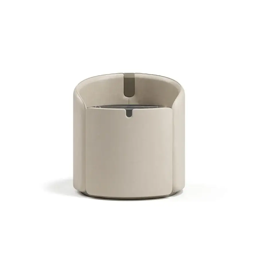 Superior Capital Suite nightstand upholstered in beige leather with a matte finish and recessed pulls