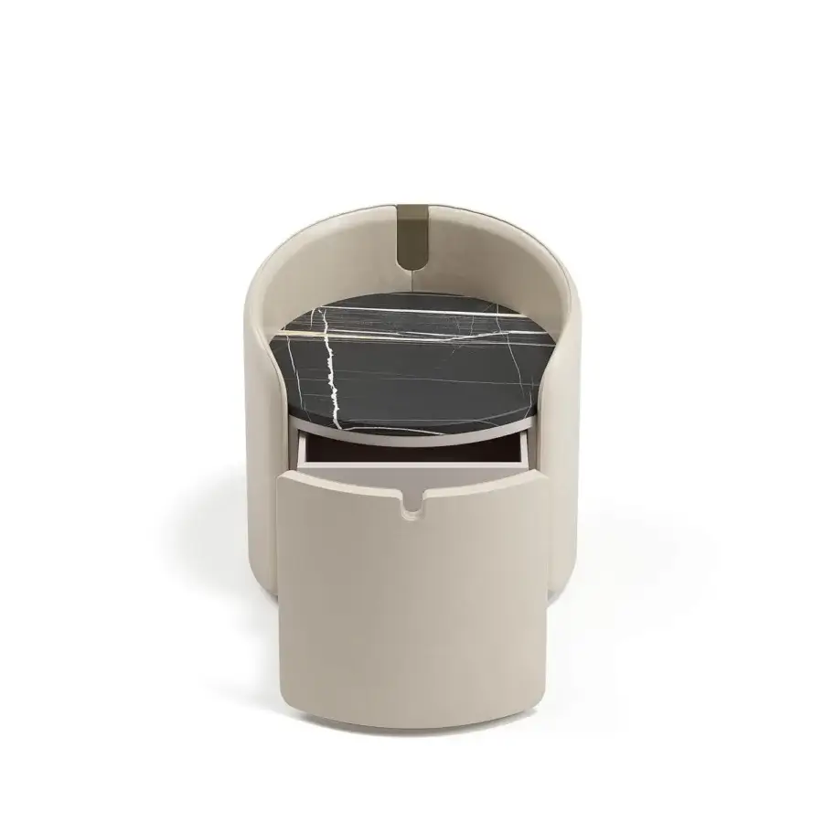 Exclusive Capital Suite nightstand crafted in beige leather with a marble top and recessed pull