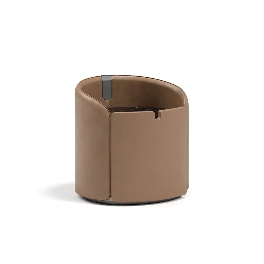 Distinguished Capital Suite nightstand in warm taupe leather with integrated drawers and cylindrical form