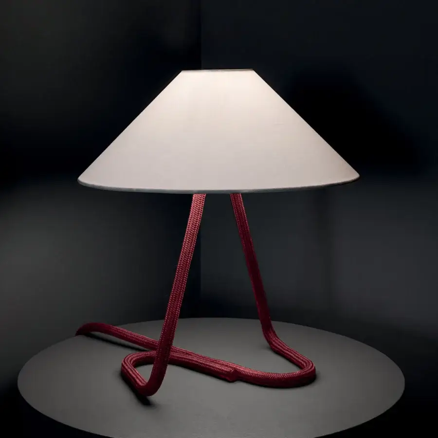 Distinguished Contardi Hat Table Lamp with conical off-white lampshade and reddish-burgundy textured rope-covered base