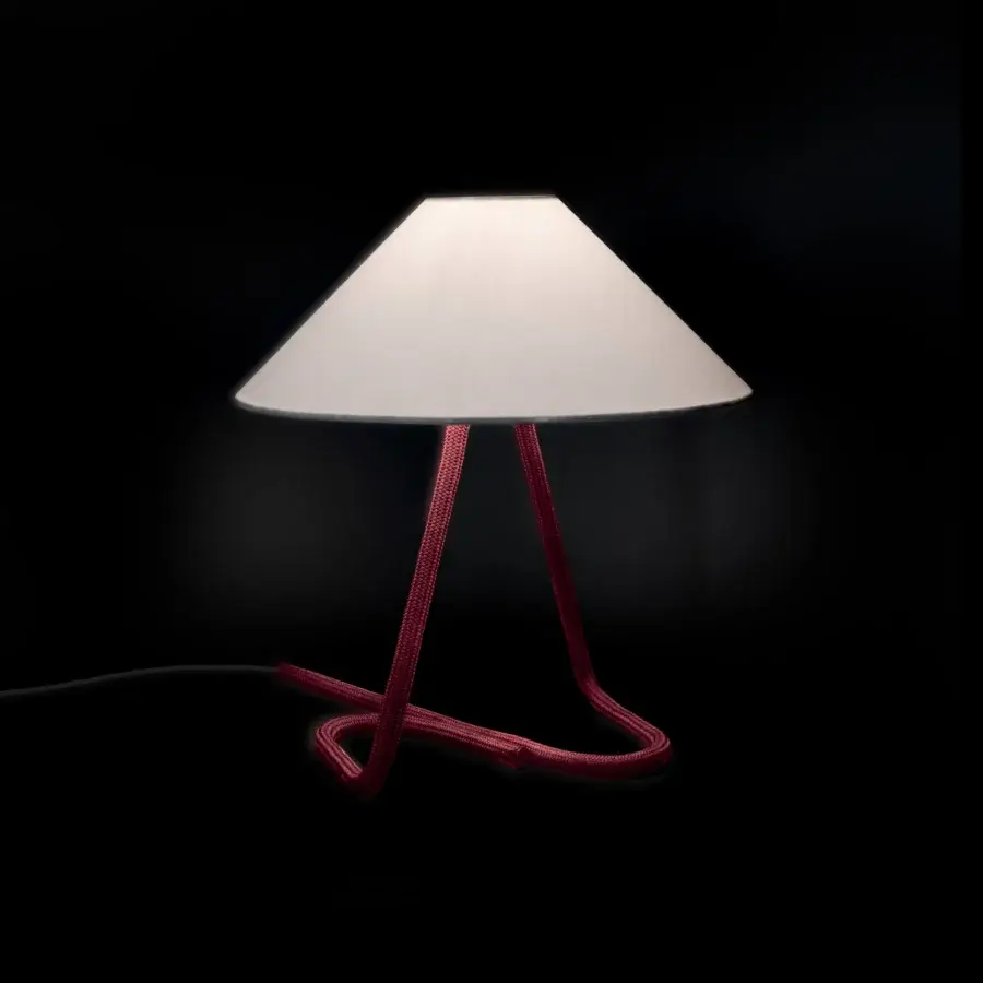 Elegant Contardi Hat Table Lamp with dark red rope-covered base and clean white conical lampshade crafted in Italy