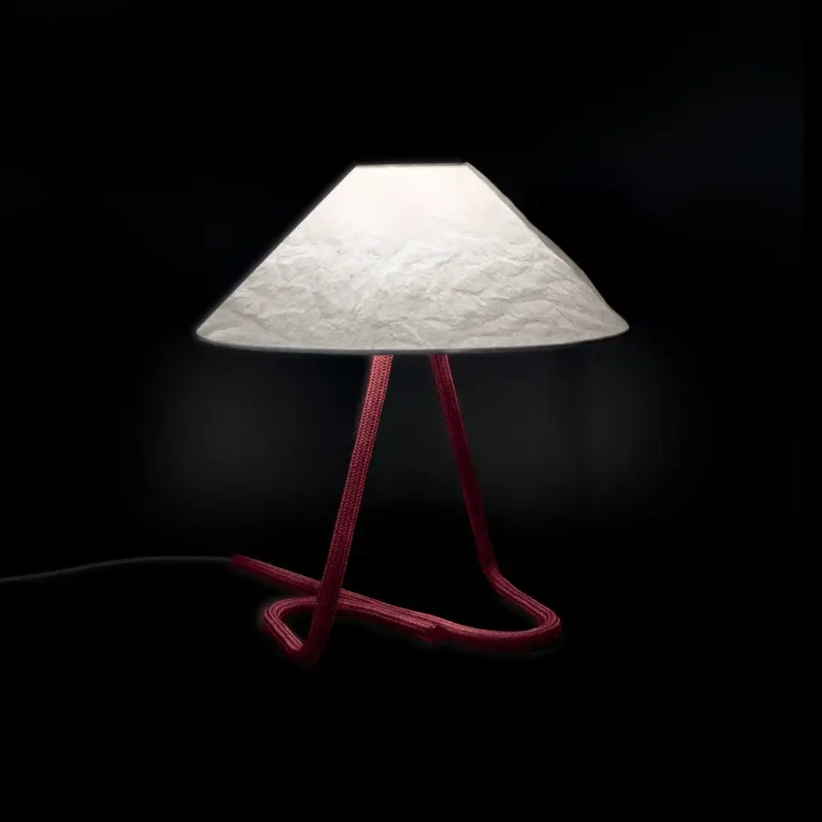 Distinguished Contardi Hat Table Lamp with white lampshade and textured deep red rope-covered base