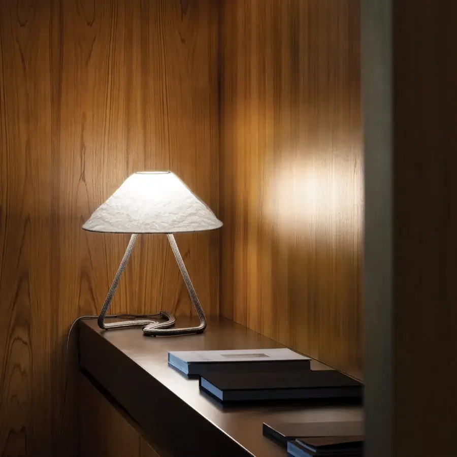 Exceptional Contardi Hat Table Lamp with rope-covered base and clean white lampshade exhibiting 1950s French design refinement