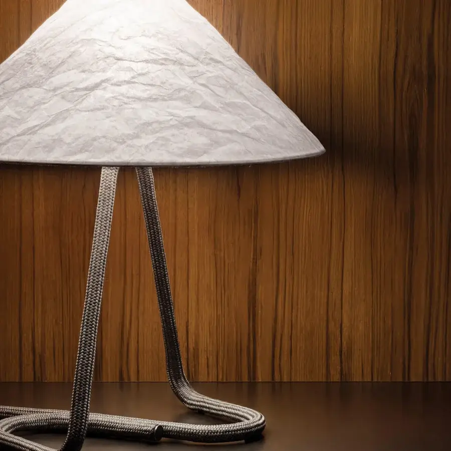 Distinguished Contardi Hat Table Lamp with textured off-white lampshade and dark braided rope-covered base
