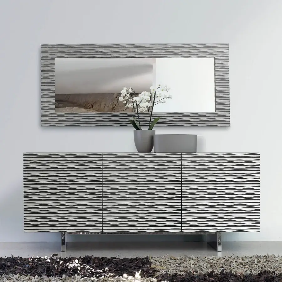 Elegant Ivano Antonello Italia Aura sideboard with gray textured doors and polished chrome steel base