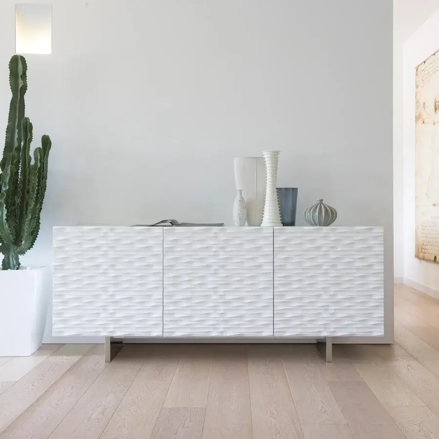 Distinguished Ivano Antonello Italia Aura sideboard with lacquered wood and undulating wave patterns in a bright neutral white finish