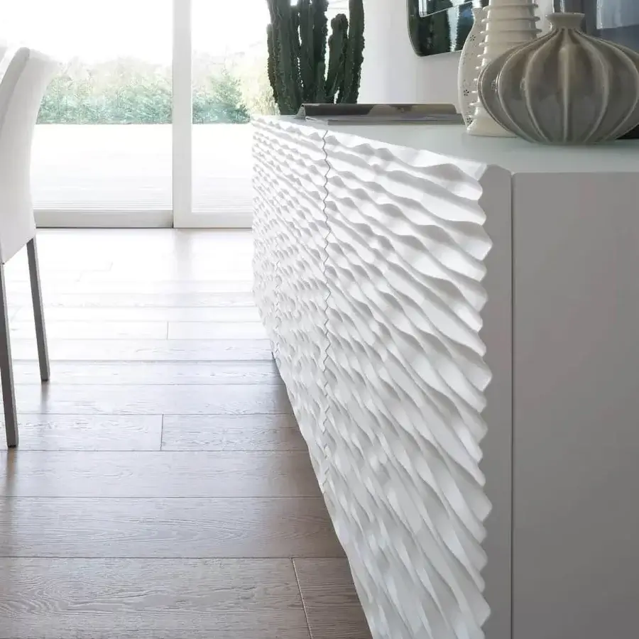 Superior Ivano Antonello Italia Aura sideboard with wood or lacquered wood, crystal shelves and a glossy, curved front design