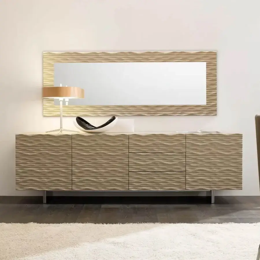 Elegant Ivano Antonello Italia Aura sideboard with undulating surface crafted in wood or lacquered wood and a dark metal base
