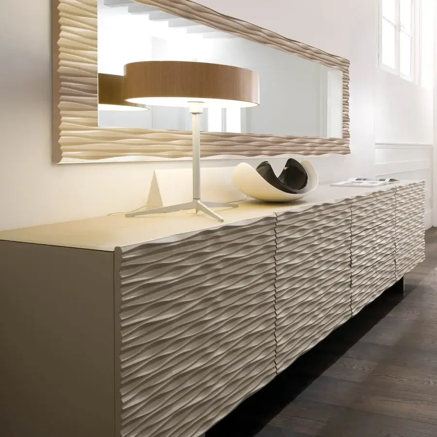 Distinguished Ivano Antonello Italia Aura sideboard crafted in wood with a matte textured finish and crystal shelves
