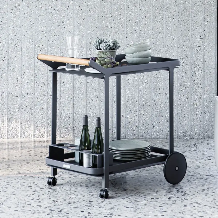Superior Atmosphera Butler Trolley crafted in galvanized steel and solid Asian teak with durable epoxy powder coating