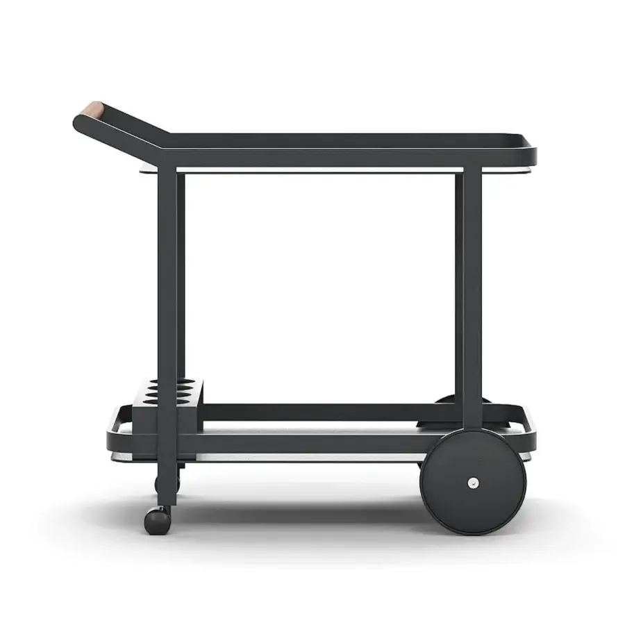 Superior Atmosphera Butler Trolley serving cart with galvanized steel and solid Asian teak construction in a dark gray epoxy powder coat