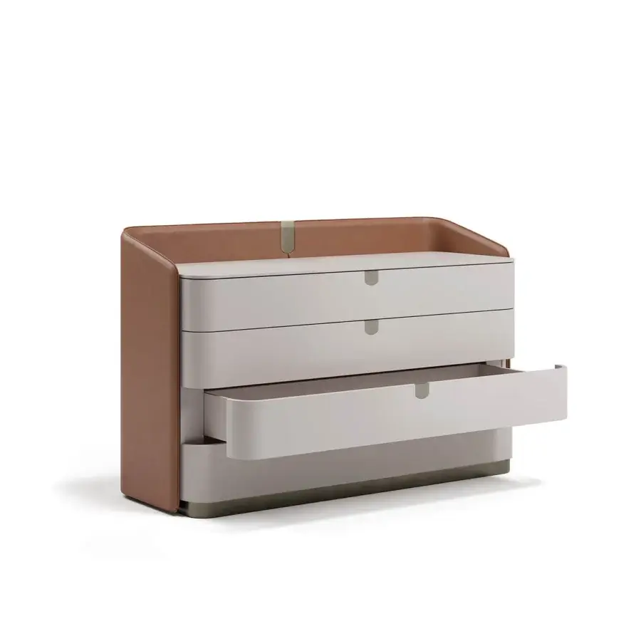 Exceptional Capital Suite dresser with sumptuous leather drawer fronts and elegant lacquer in light gray-beige with a warm wood frame