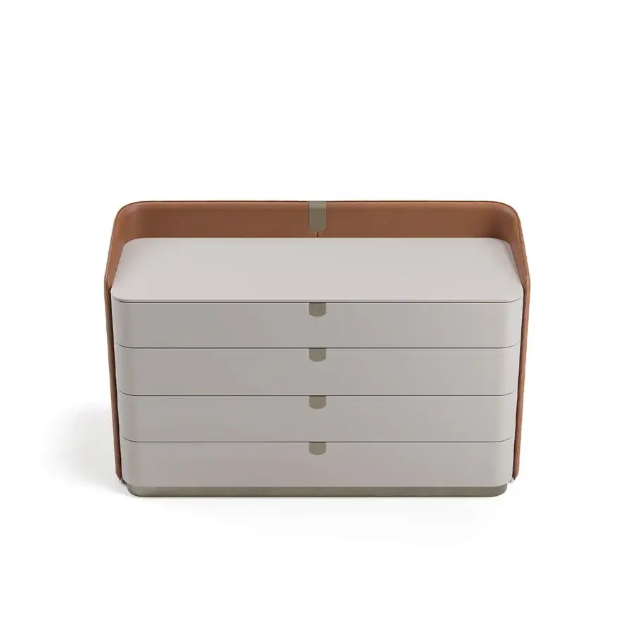 Distinguished Capital Suite dresser with warm brown leather frame and smooth off-white lacquer drawer fronts crafted in Italy