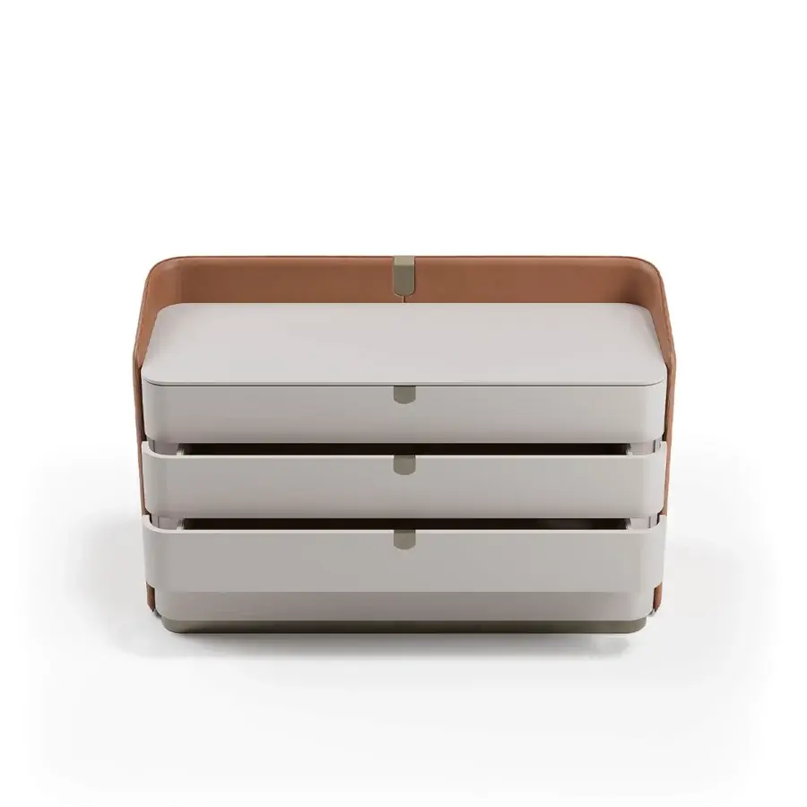 Superior Capital Suite dresser with sumptuous leather detailing and lacquered finish in off-white and warm brown