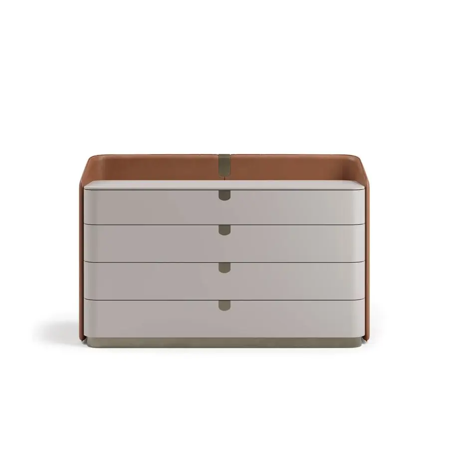 Refined Capital Suite dresser crafted with wood, sumptuous leather and elegant lacquer in a light neutral tone with warm brown accents
