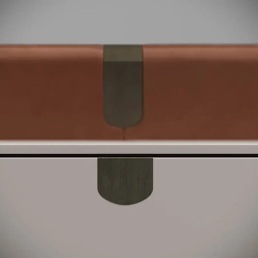 Distinguished Capital Suite dresser crafted with reddish-brown leather and lacquer, exhibiting refined metal details with a seamless drawer system