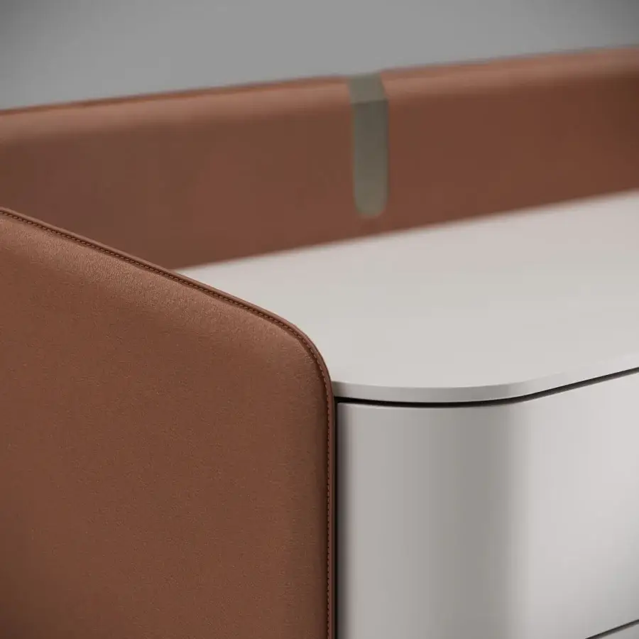 Superior Capital Suite dresser with warm brown leatherette and matte white lacquer, showcasing meticulous craftsmanship
