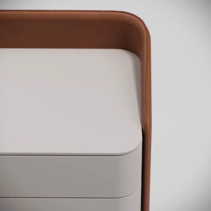 Distinguished Capital Suite dresser with reddish-brown leather wrapping and elegant matte lacquer finish
