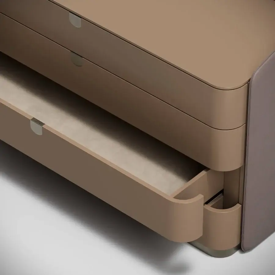 Superior Capital Suite dresser with lacquered finish, dark brown wood top and seamless push-pull drawers crafted in tan and beige leather