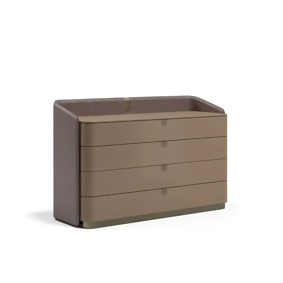 Distinguished Capital Suite dresser with seamless push-pull drawers, lacquered taupe surface and choice of marble, wood or lacquered top