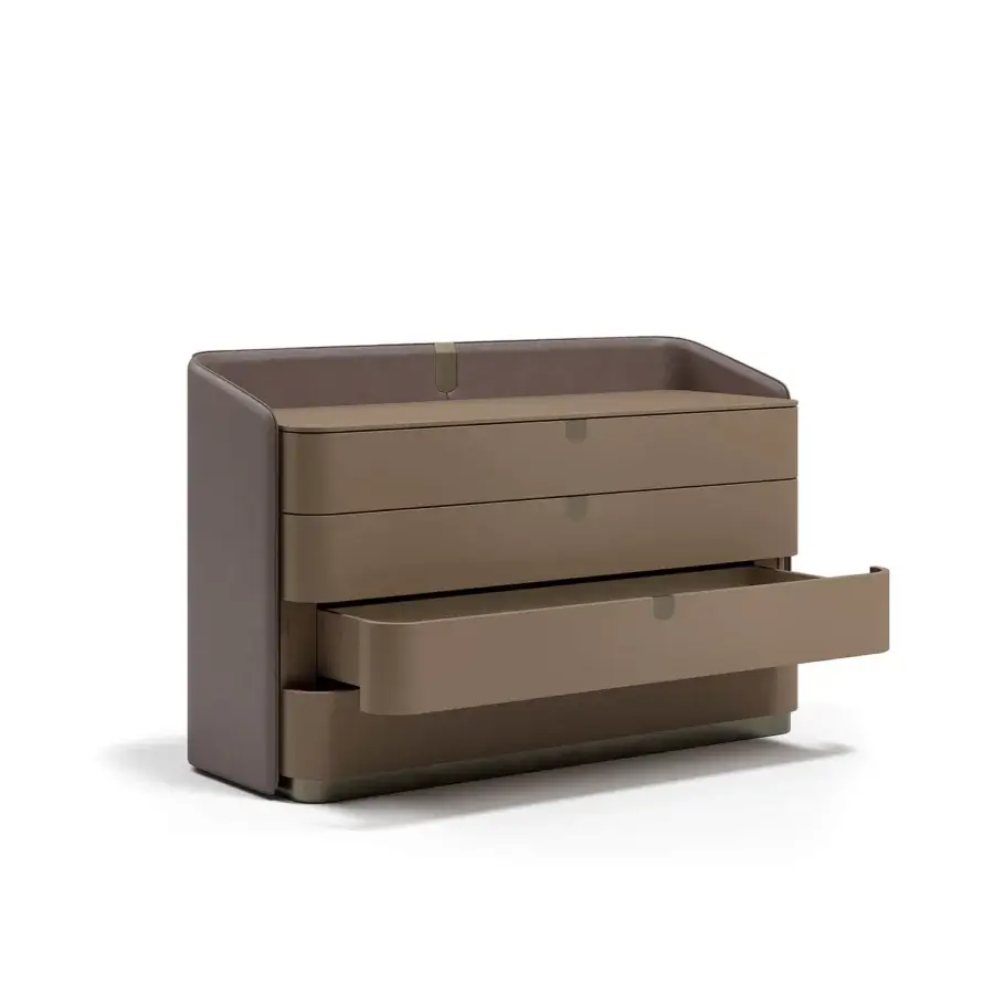 Elegant Capital Suite dresser with sumptuous leather, lacquered warm gray and taupe, plus refined metal details