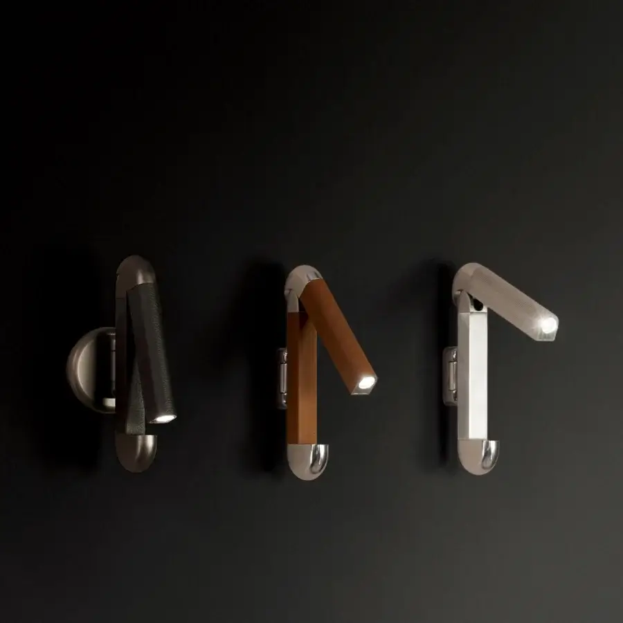 Superior Contardi Picchio wall lamp crafted in Italy with satin metal and warm brown textile covering