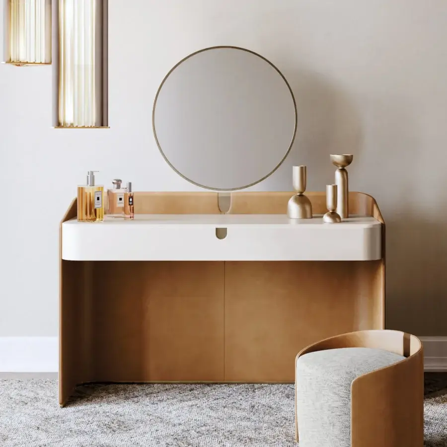 Elegant Capital Suite vanity with lacquered off-white leather and a satin-finish wood base crafted in Italy