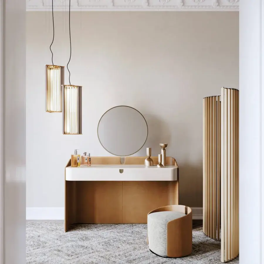 Distinguished Capital Suite vanity with smooth leather exterior and lacquered front in a warm light brown tone