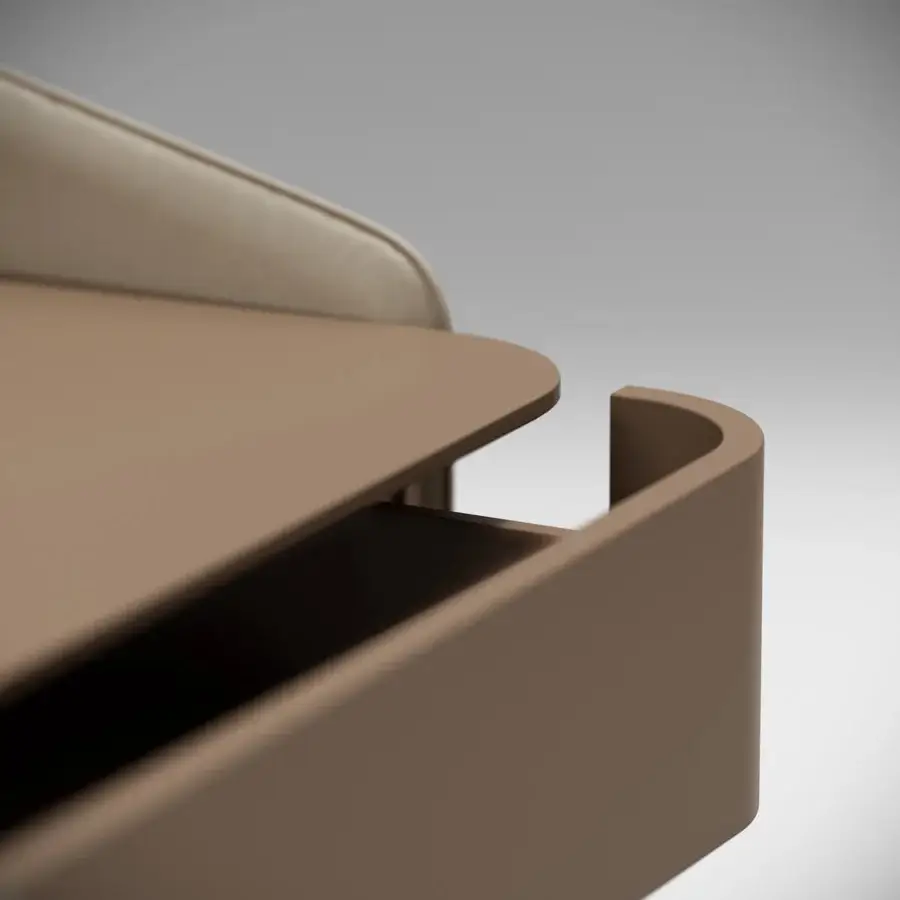 Superior Capital Suite vanity with matte taupe finish and both interior and exterior leather wrapping