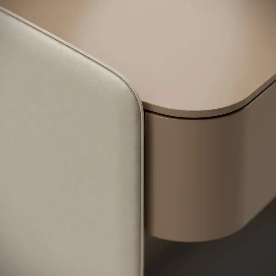 Elegant Capital Suite vanity with lacquered front and smooth leather wrapping in muted taupe, meticulously crafted in Italy