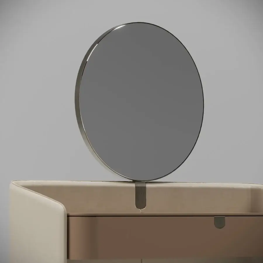 Exceptional Capital Suite vanity with smooth leather exterior and lacquered front in neutral beige, crafted with a sleek countertop and metallic details