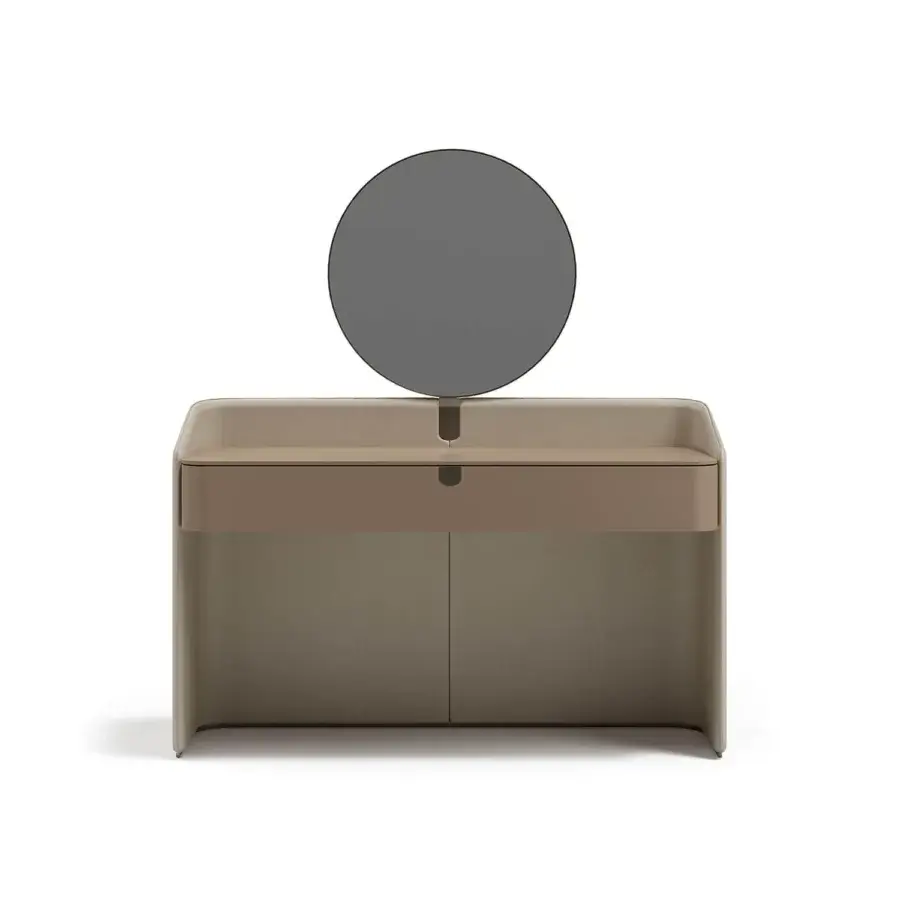 Distinguished Capital Suite vanity with lacquered front and smooth leather wrapping in warm beige with matte finish