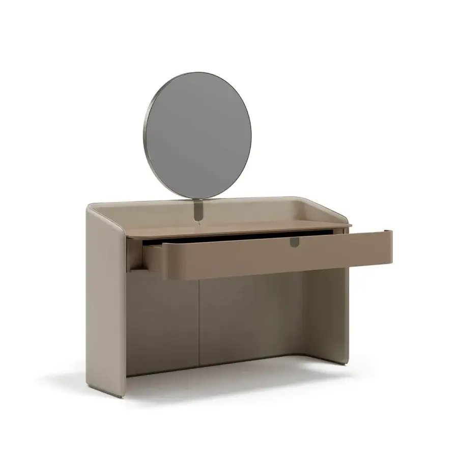Elegant Capital Suite vanity with lacquered front and smooth leather wrapping in a muted beige matte finish
